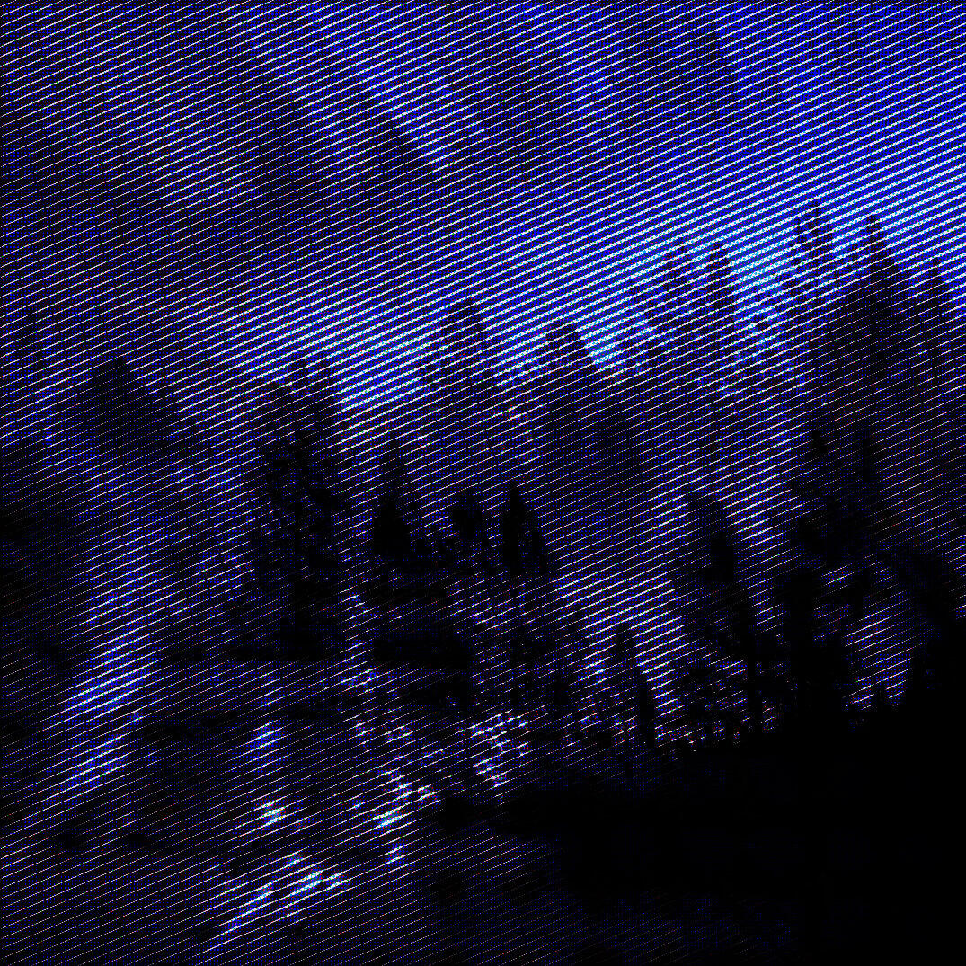 Iridescent Void Album Cover A halftone-pixelated and glitchy double-exposure photo of a forest at dusk. The pine trees are black and the sky is purple.